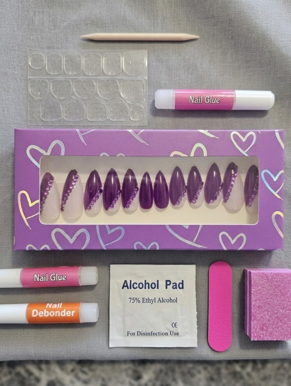 3/$40 Boop Nails Custom Purple Almond Press On Nails Bling Amethyst Rhinestone - Picture 2 of 5